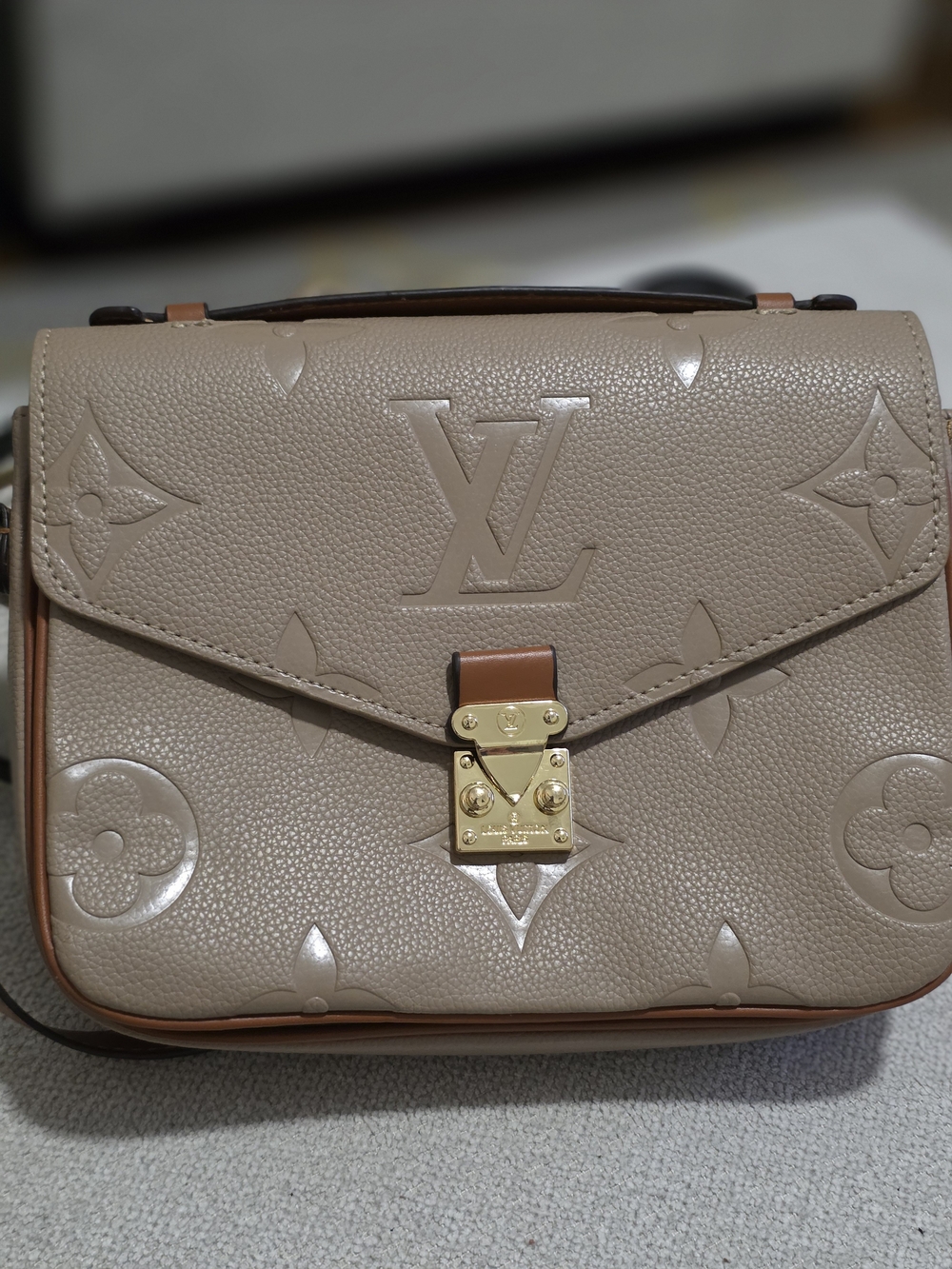 Taupe Embossed Leather Shoulder Bag with Gold Hardware